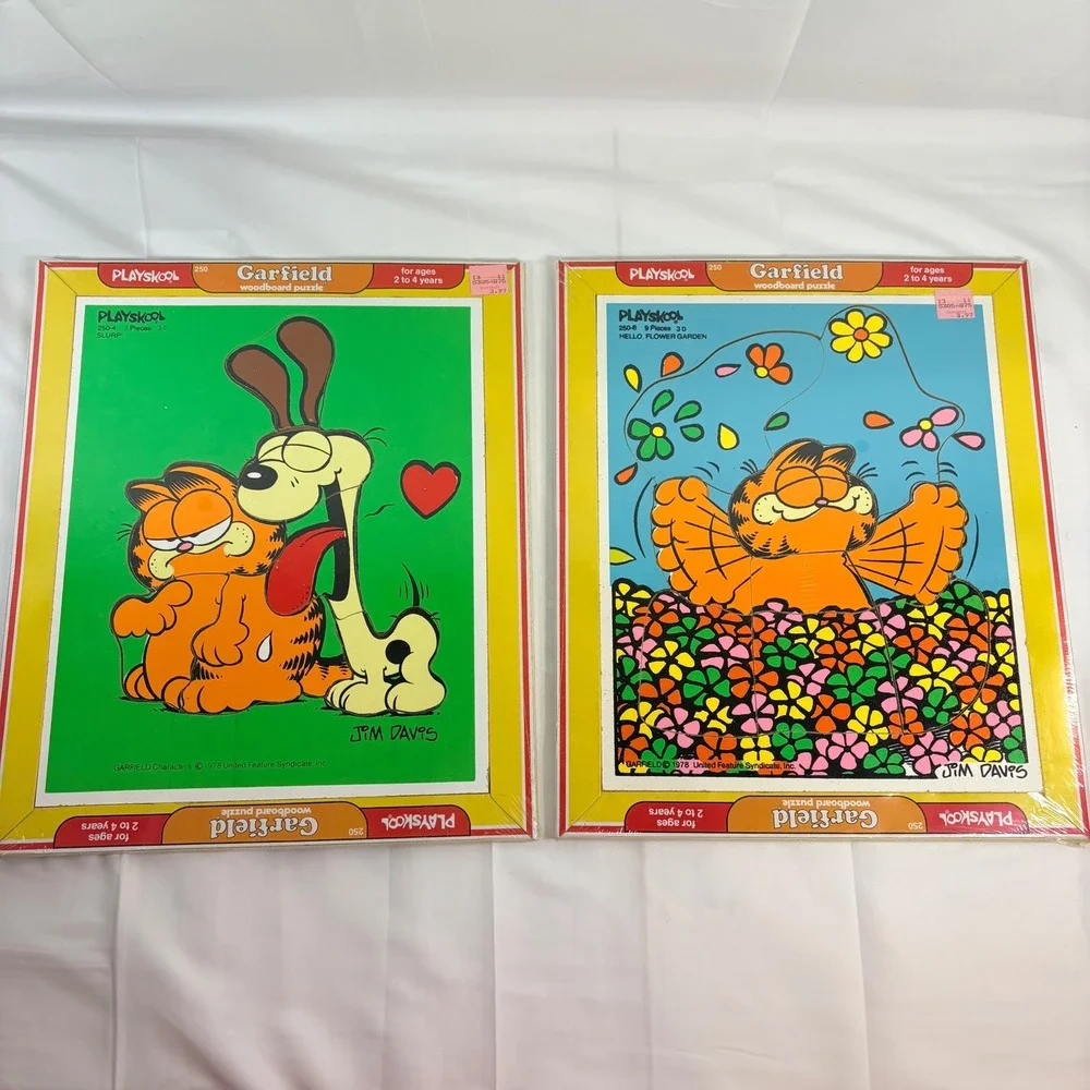 2 VINTAGE Playskool Garfield Woodboard 7 pc Puzzles Hello Flower/Slurp 2-4 Years